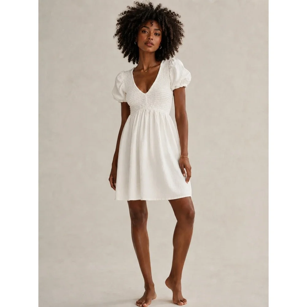 Japna White Smocked Mini Dress Puff Sleeve Boho Cottagecore S‎